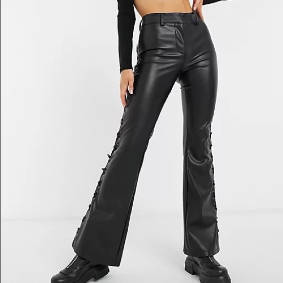 Faux Leather Lace Up Flare Pants 